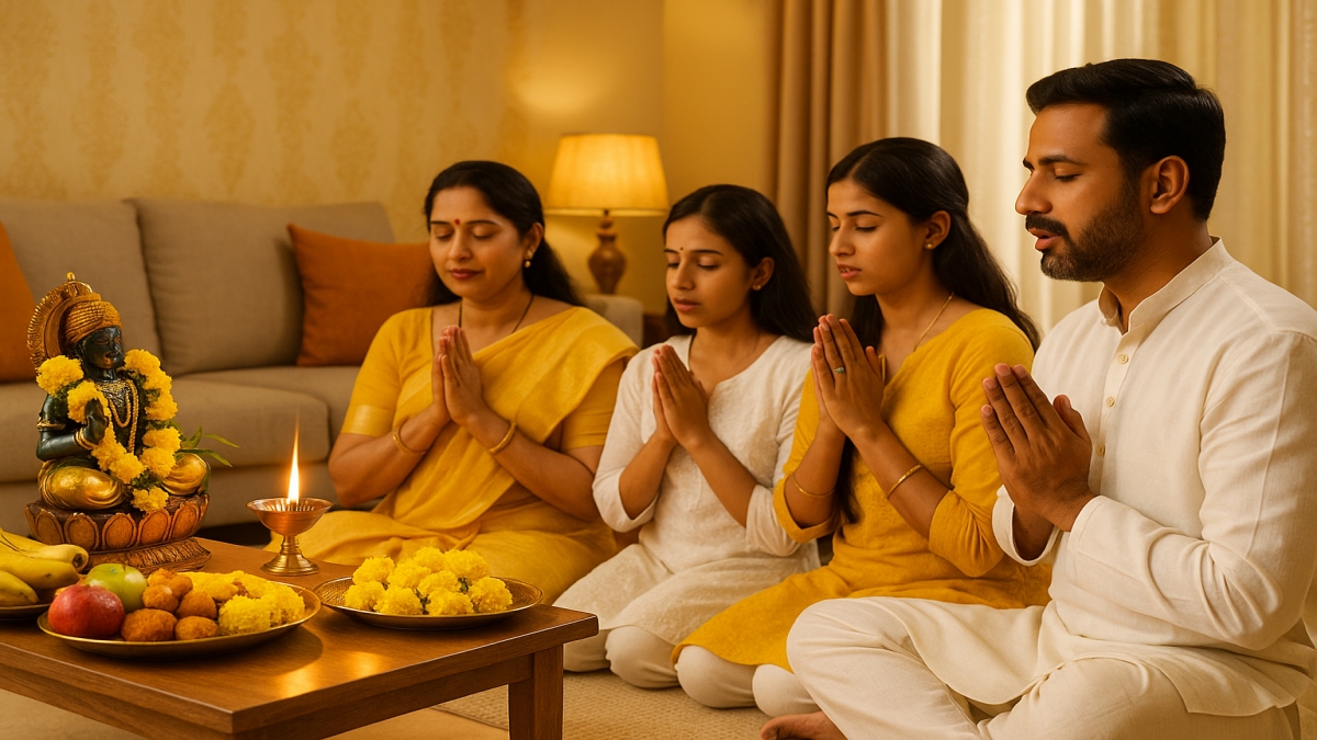 Devotees performing Devshayani Ekadashi puja rituals with Tulsi, diya, and bhajans