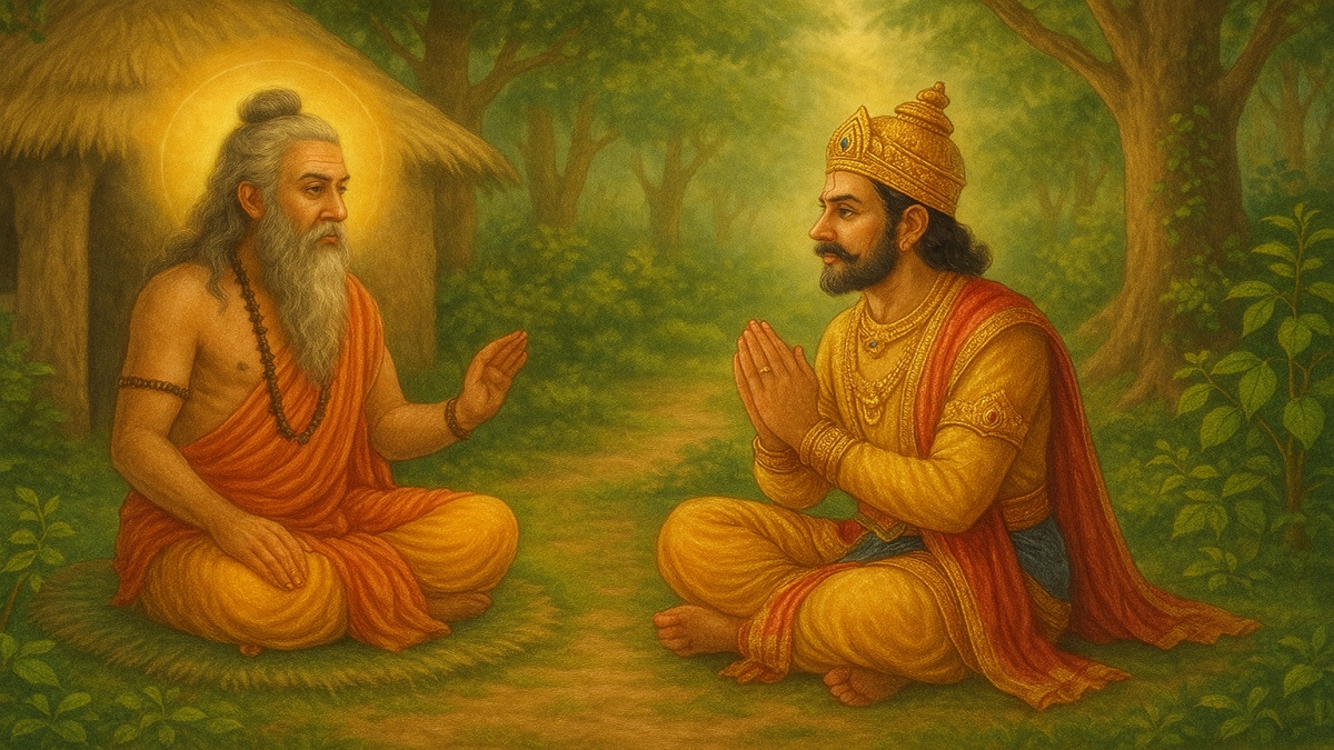 राजा मंडटा देवशयानी एकदशी व्रत कथा मध्ये age षी अंगिरा यांचे मार्गदर्शन शोधत आहे