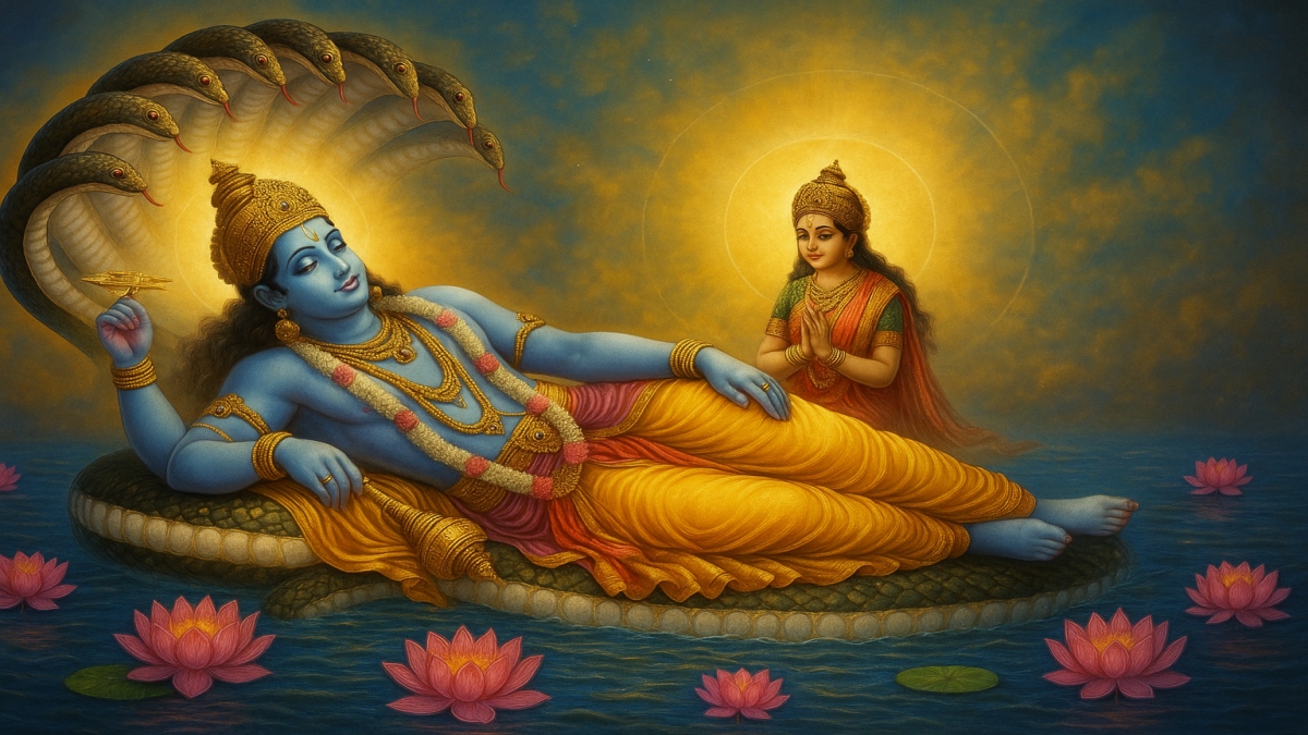 देवशयानी एकदाशी दरम्यान केशीर सागरमधील शेशावरील योग निद्रा मधील भगवान विष्णू